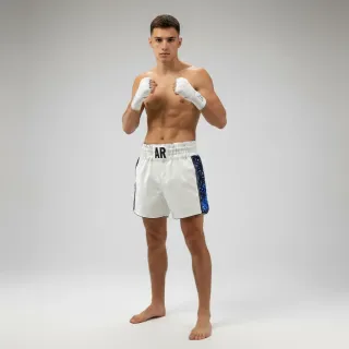 custom Muay Thai shorts SIDE STRIPE design white metallic snake leatherette blue sequin panels