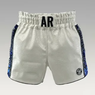 custom Muay Thai shorts SIDE STRIPE design white metallic snake leatherette blue sequin panels