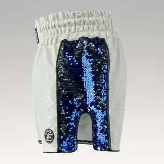 custom Muay Thai shorts SIDE STRIPE design white metallic snake leatherette blue sequin panels