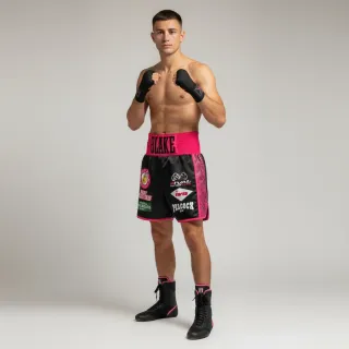 custom boxing shorts SIDE STRIPE design black satin with pink snake leatherette side panels and waistband