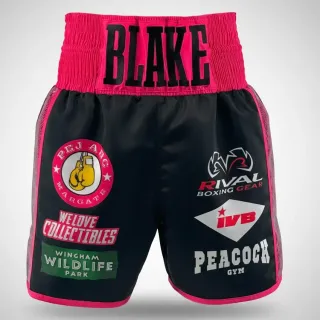 custom boxing shorts SIDE STRIPE design black satin with pink snake leatherette side panels and waistband