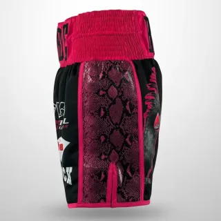 custom boxing shorts SIDE STRIPE design black satin with pink snake leatherette side panels and waistband