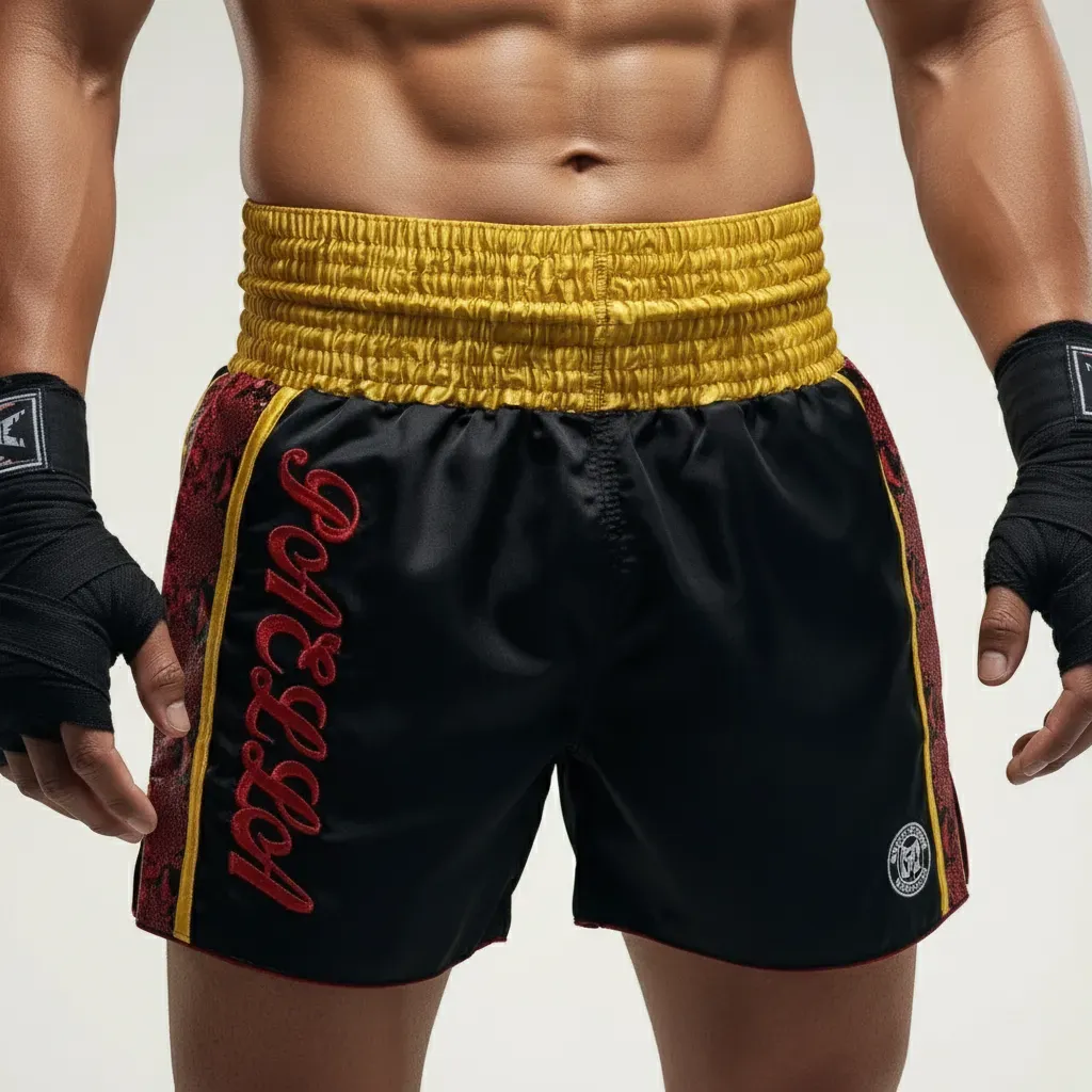 Side Stripe MTS Black-Gold-Red 195478 Muay Thai Shorts
