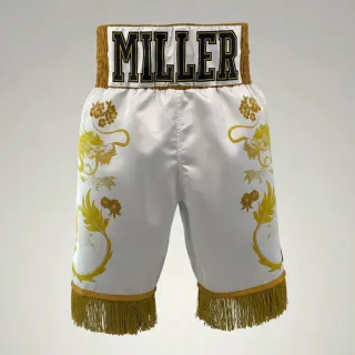 DRAGON BX White & Gold Benya M Custom Boxing Shorts & Trunks