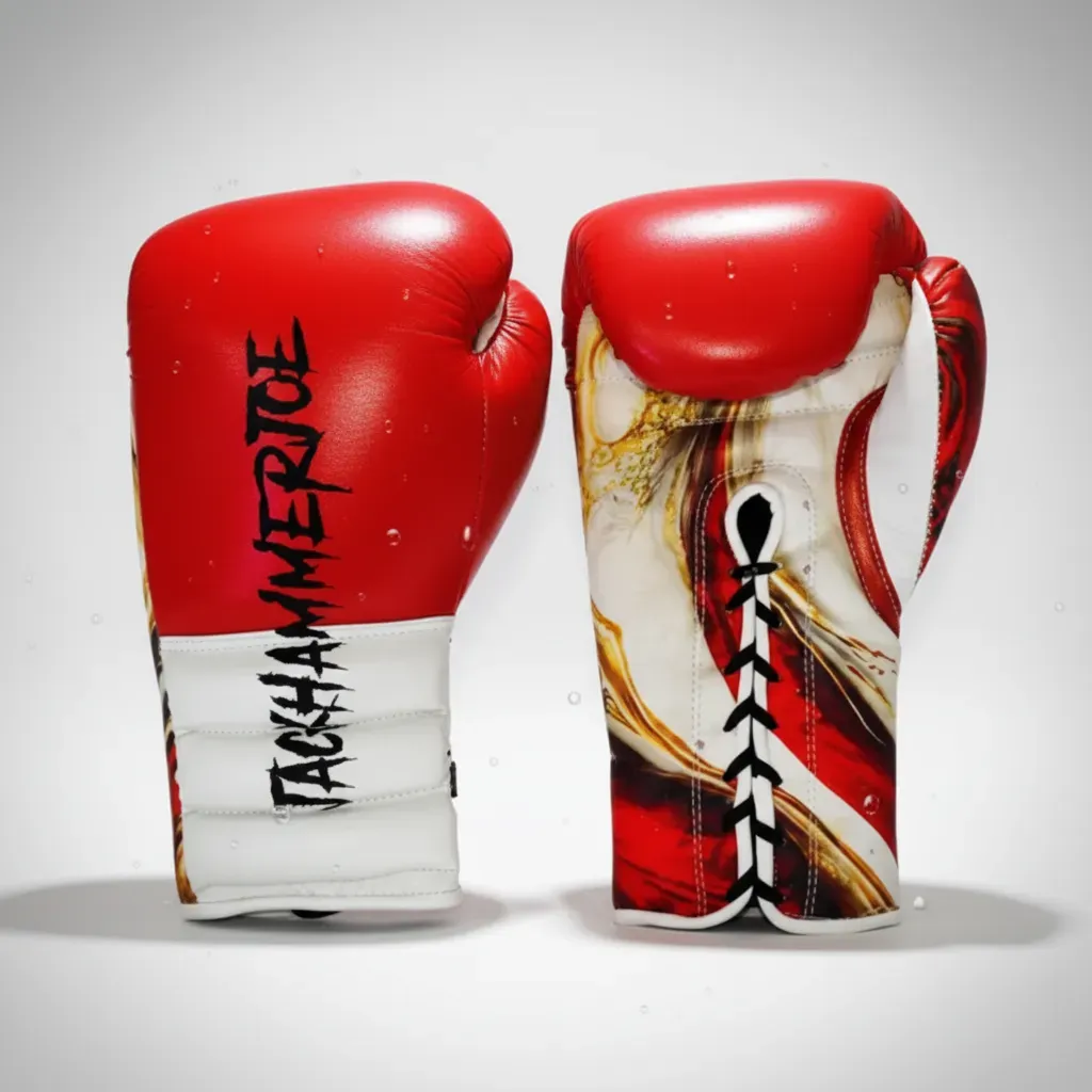 Gloves Laced / Ridged Red & White & Gold marble Adam N Boxing Gloves