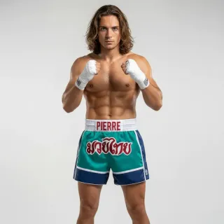Blue & Navy Blue Pierre B Muay Thai Shorts with Thin Waistband Triangle design
