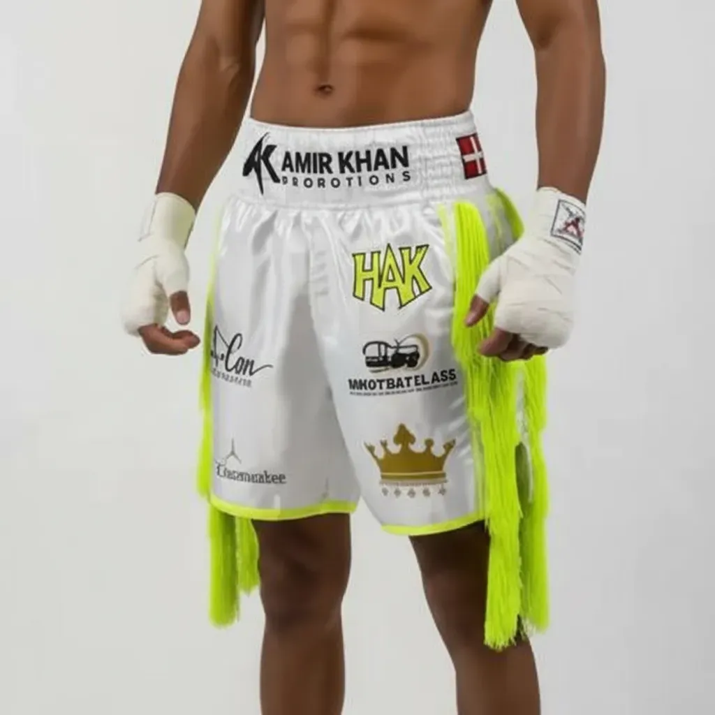 Side Stripe Luxury II White & Neon Green Haris A  Custom Boxing Shorts & Trunks