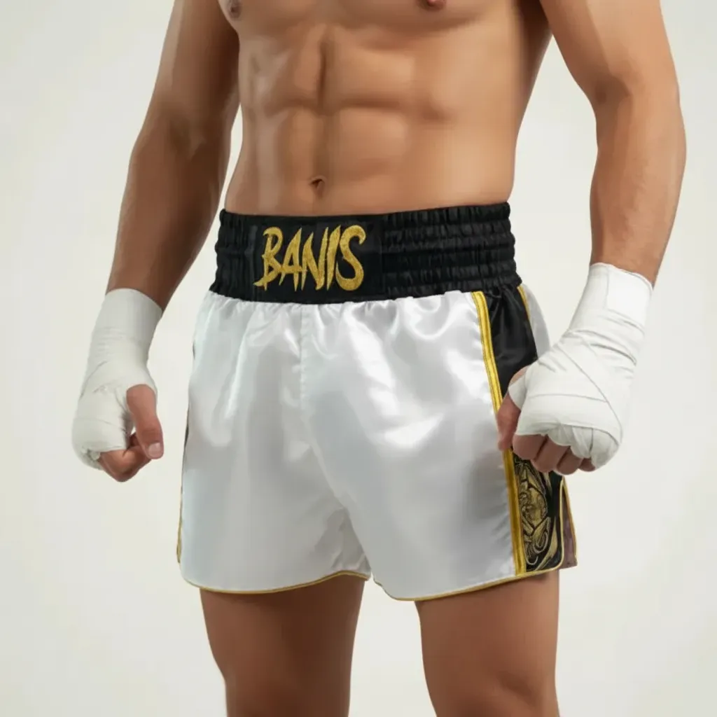 Side Stripe MTS white & Balck Gold Marble  Kamalii S Muay Thai Shorts