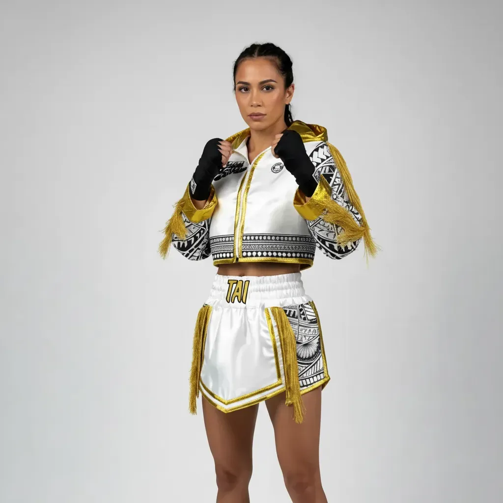 Tribal Crop top JKT white & Black & King gold  Tai E Jackets