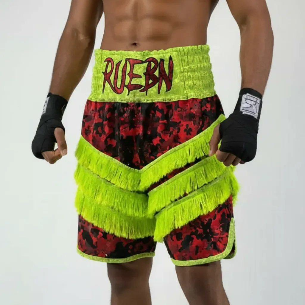 Rebel BX old Red Black Camo & Neon Yellow Green Christopher  J Custom Boxing Shorts & Trunks