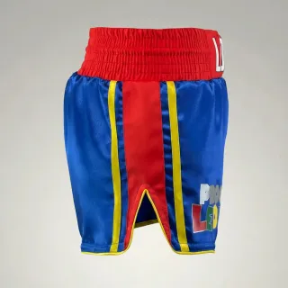 Custom Muay Thai shorts in blue glossy satin with red and yellow details and name waistband