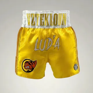 Custom Muay Thai shorts in yellow gold shimmer satin with embroidered names and logos