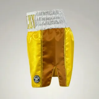 Custom Muay Thai shorts in yellow gold shimmer satin with embroidered names and logos