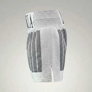 Custom boxing shorts in white satin with black print, quilted panels and crystal name waistband