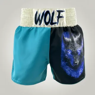Custom Muay Thai shorts in aqua matt satin with wolf print and embroidered waistband name