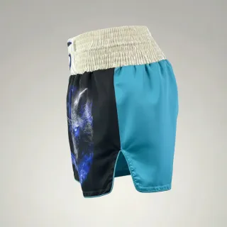 Custom Muay Thai shorts in aqua matt satin with wolf print and embroidered waistband name
