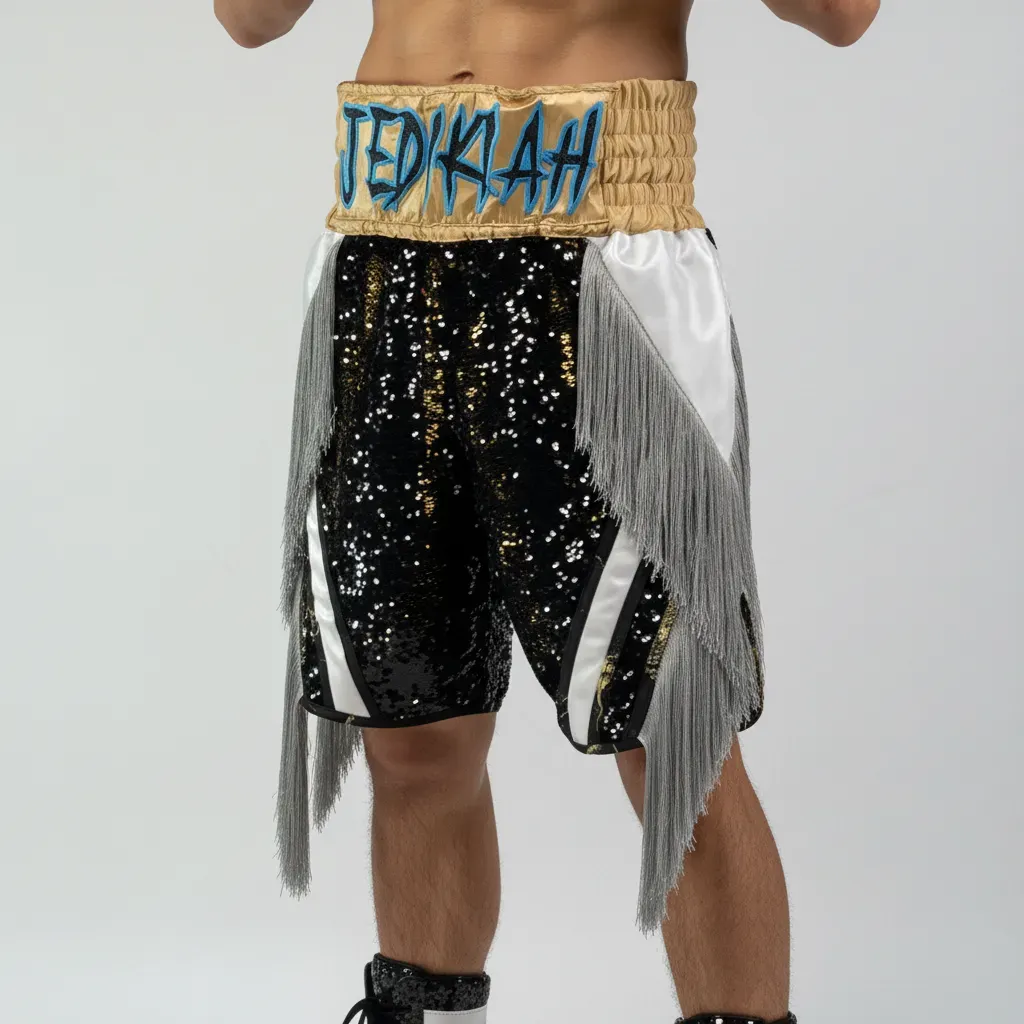 CHAMPION BX Black & White & Gold   Christopher  J Custom Boxing Shorts & Trunks
