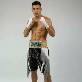 CHAMPION BX Black & White & Gold Christopher J Custom Boxing Shorts & Trunks