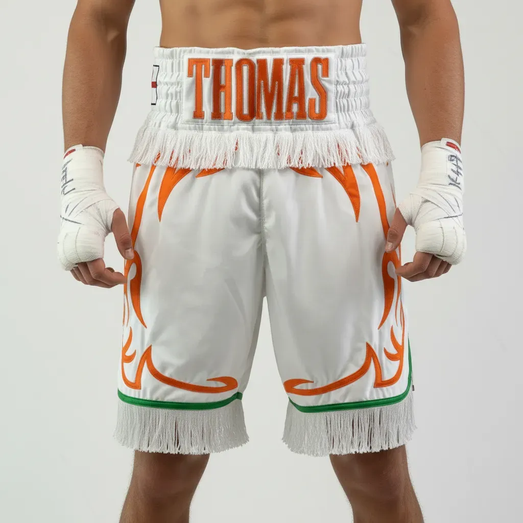 Blaze bx White & Orange  victoria T Custom Boxing Shorts & Trunks