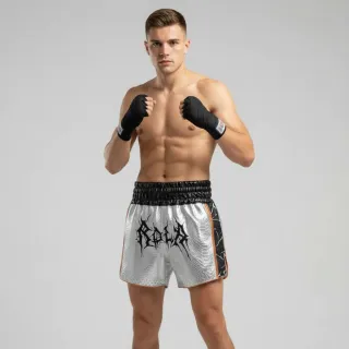 Frankie Silver & Black Muay Thai Shorts with metallic design