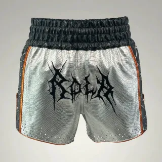 Frankie Silver & Black Muay Thai Shorts with metallic design