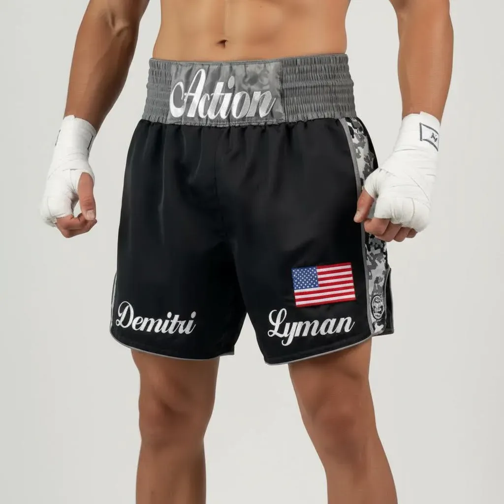 Side Stripe MTS Demitri  Black & Black White Camo Muay Thai Shorts