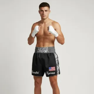 Side Stripe MTS Demitri Black & Black White Camo Muay Thai Shorts