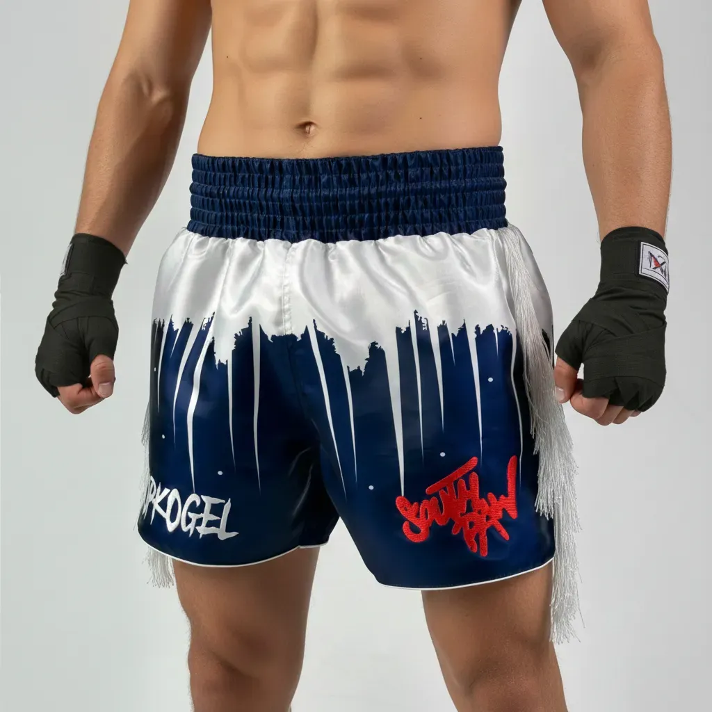 Shine bright MTS Nathan Navy Blue & White Muay Thai Shorts