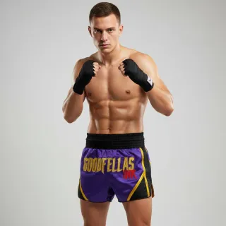 Dillon Purple & Black & Gold Muay Thai Shorts with Thin Waistband Arch design