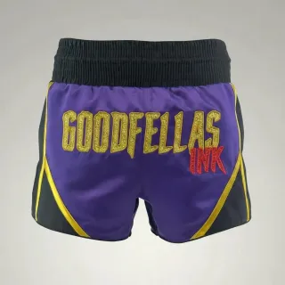 Dillon Purple & Black & Gold Muay Thai Shorts with Thin Waistband Arch design