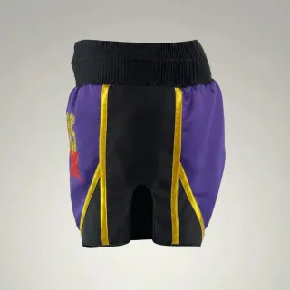Dillon Purple & Black & Gold Muay Thai Shorts with Thin Waistband Arch design
