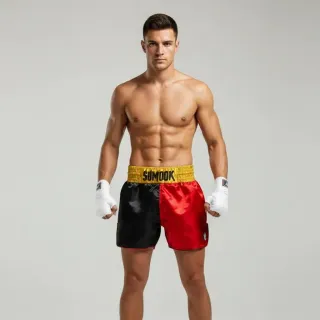 Tara Red & Black & Gold Muay Thai Shorts with Thin Waistband