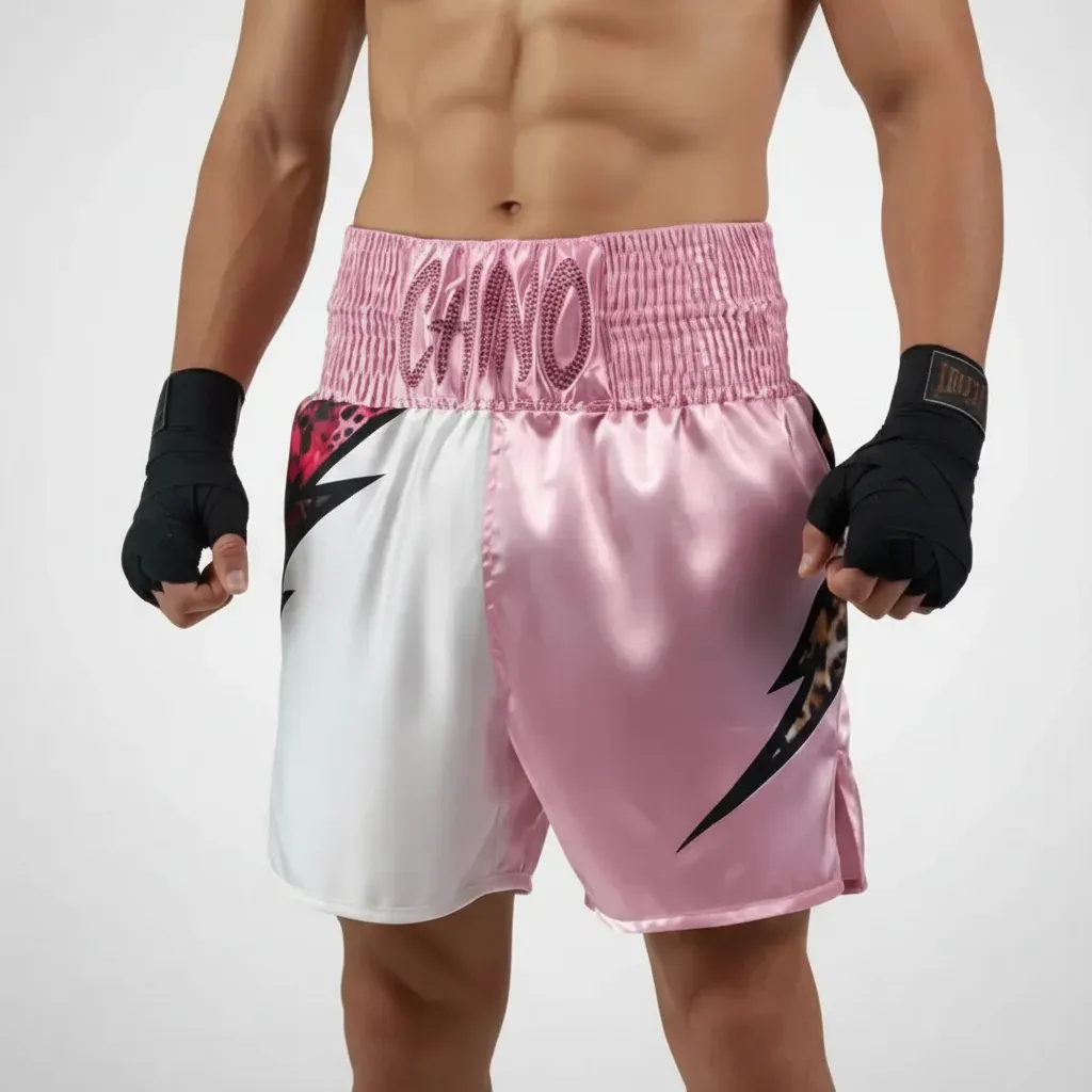 Lightning BX Isaiah Baby Pink & White Custom Boxing Shorts & Trunks