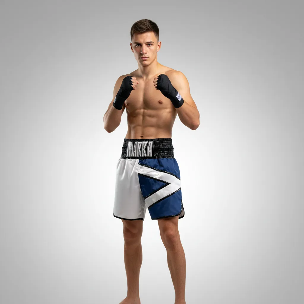 Scotland BX Martin White & Navy Bule Custom Boxing Shorts & Trunks
