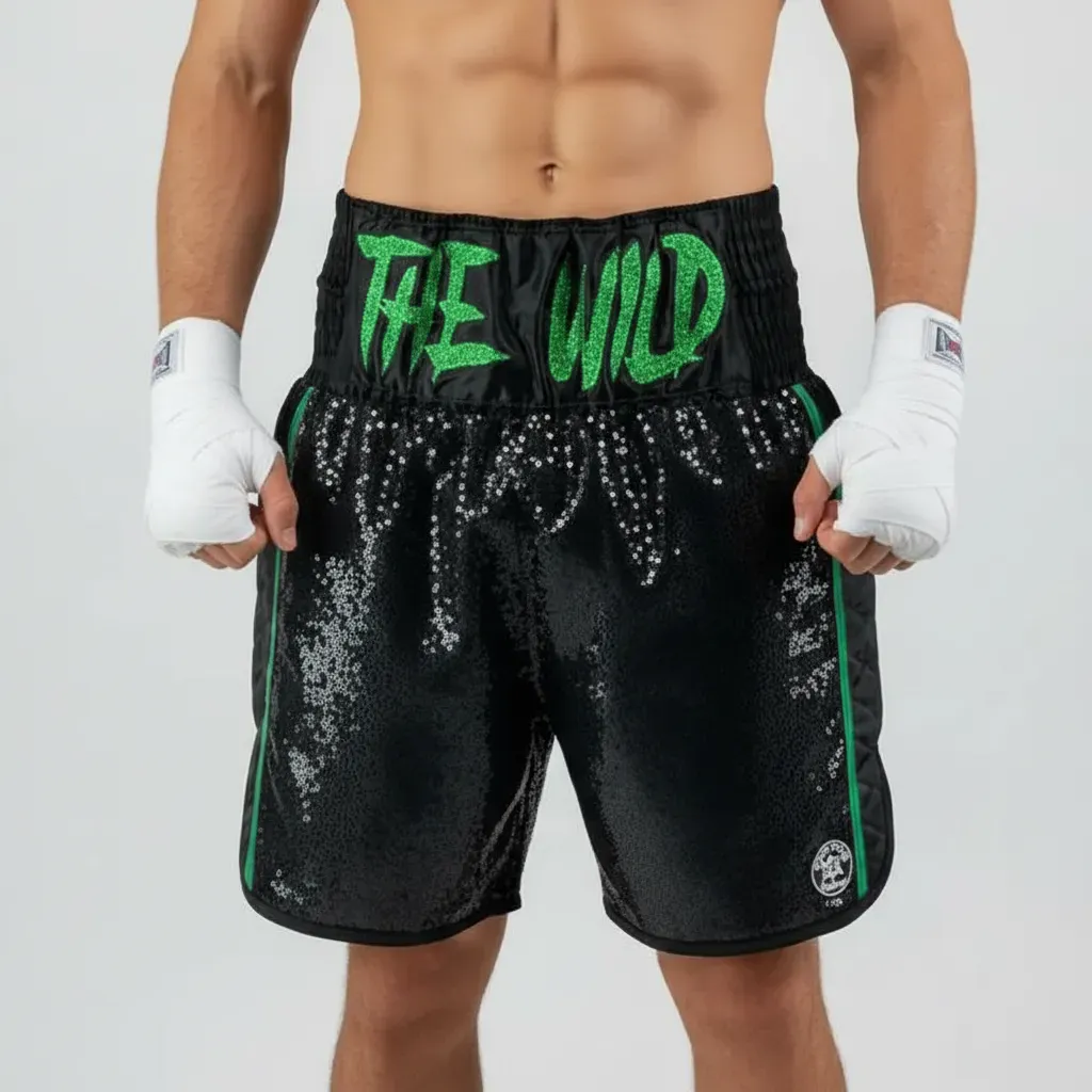 Side Stripe BX William Black & Green Custom Boxing Shorts & Trunks