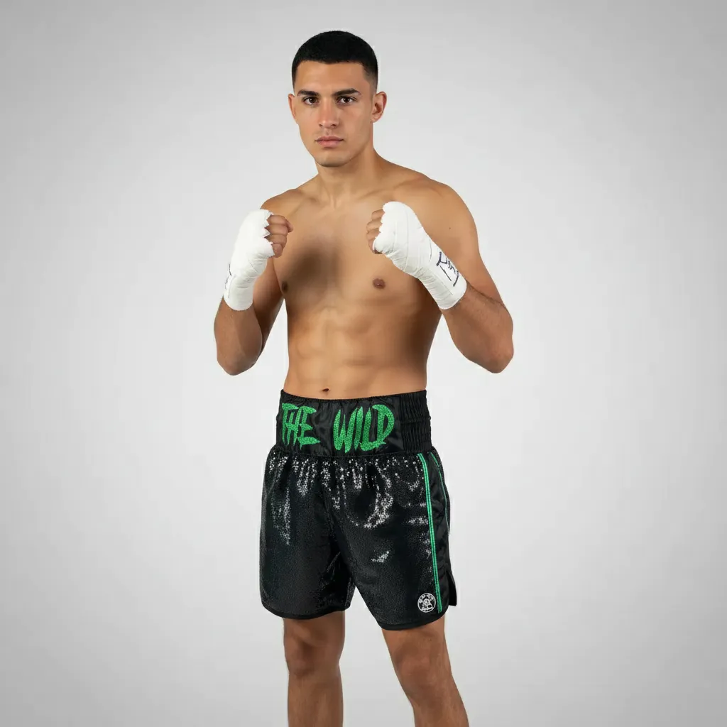 Side Stripe BX William Black & Green Custom Boxing Shorts & Trunks
