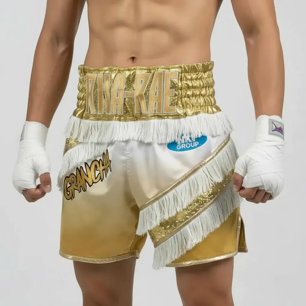 New York BX Cameron Gold & White Custom Boxing Shorts & Trunks