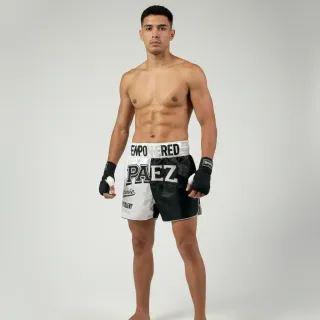 Diego White & Black Muay Thai Shorts with thin waistband
