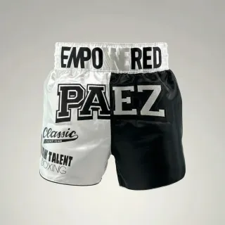 Diego White & Black Muay Thai Shorts with thin waistband