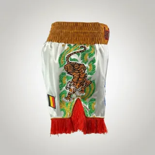Nelson Champagne & Green Muay Thai Shorts with glitter accents