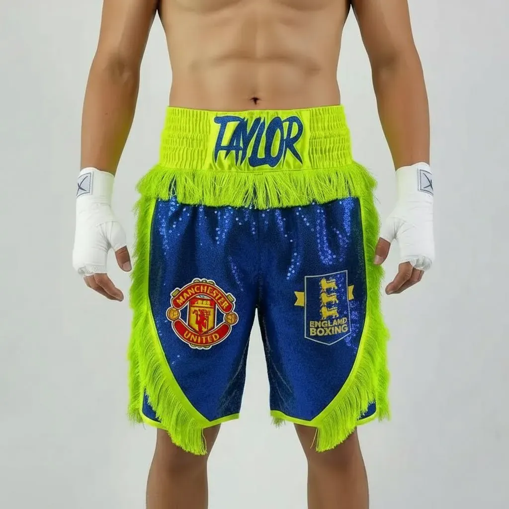 CHAOS BX Taylor Blue & Neon Yellow Green Custom Boxing Shorts & Trunks