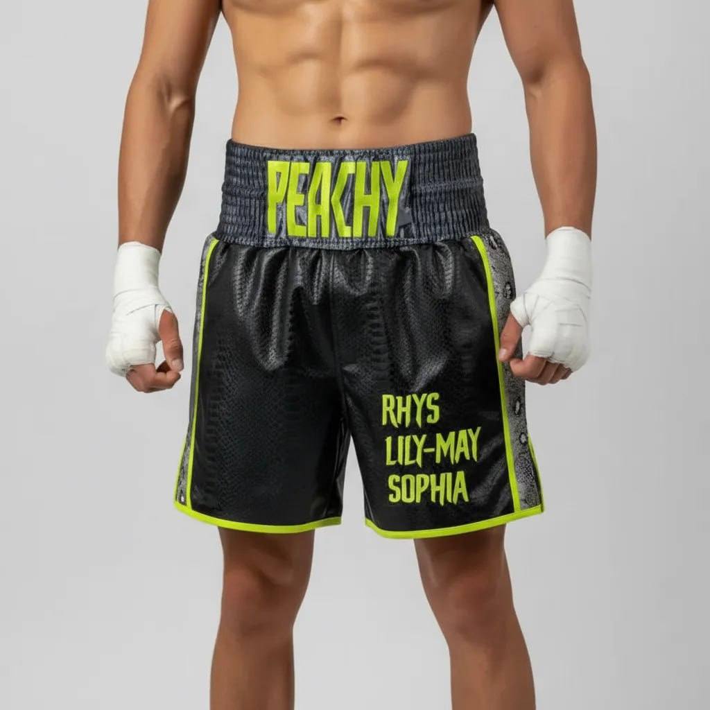 Side Stripe BX Ashley Black & Grey & Neon Yellow Green Custom Boxing Shorts & Trunks