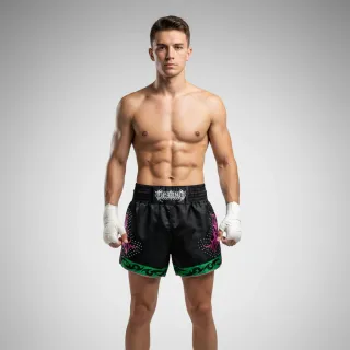 Lindsay Black & Green Muay Thai Shorts with Thin Waistband Triangle design