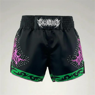 Lindsay Black & Green Muay Thai Shorts with Thin Waistband Triangle design