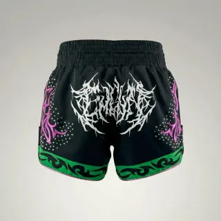 Lindsay Black & Green Muay Thai Shorts with Thin Waistband Triangle design