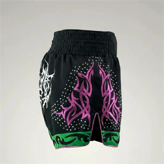 Lindsay Black & Green Muay Thai Shorts with Thin Waistband Triangle design