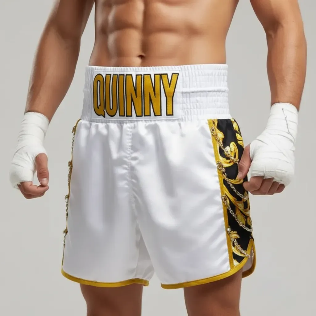 SOLDIER BX Declan White & King Gold Custom Boxing Shorts & Trunks
