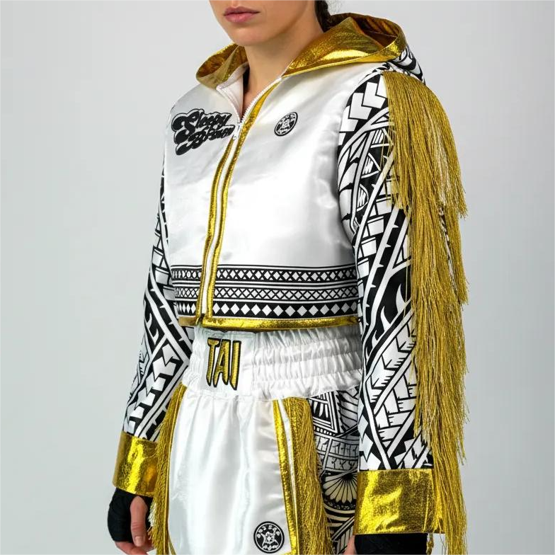 Tribal Crop top JKT white & Black & King gold  Tai E Jackets