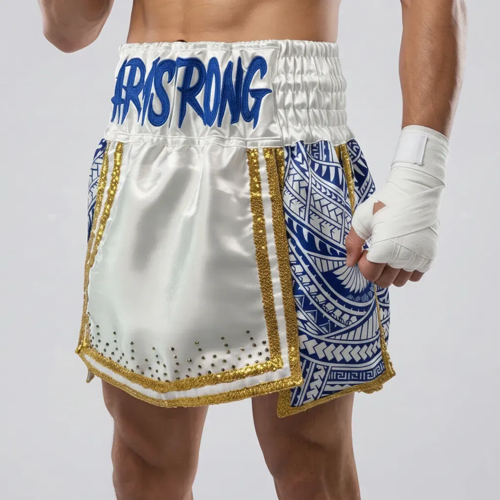 Tribal Gla Immy White & Gold & Blue Gladiator Shorts