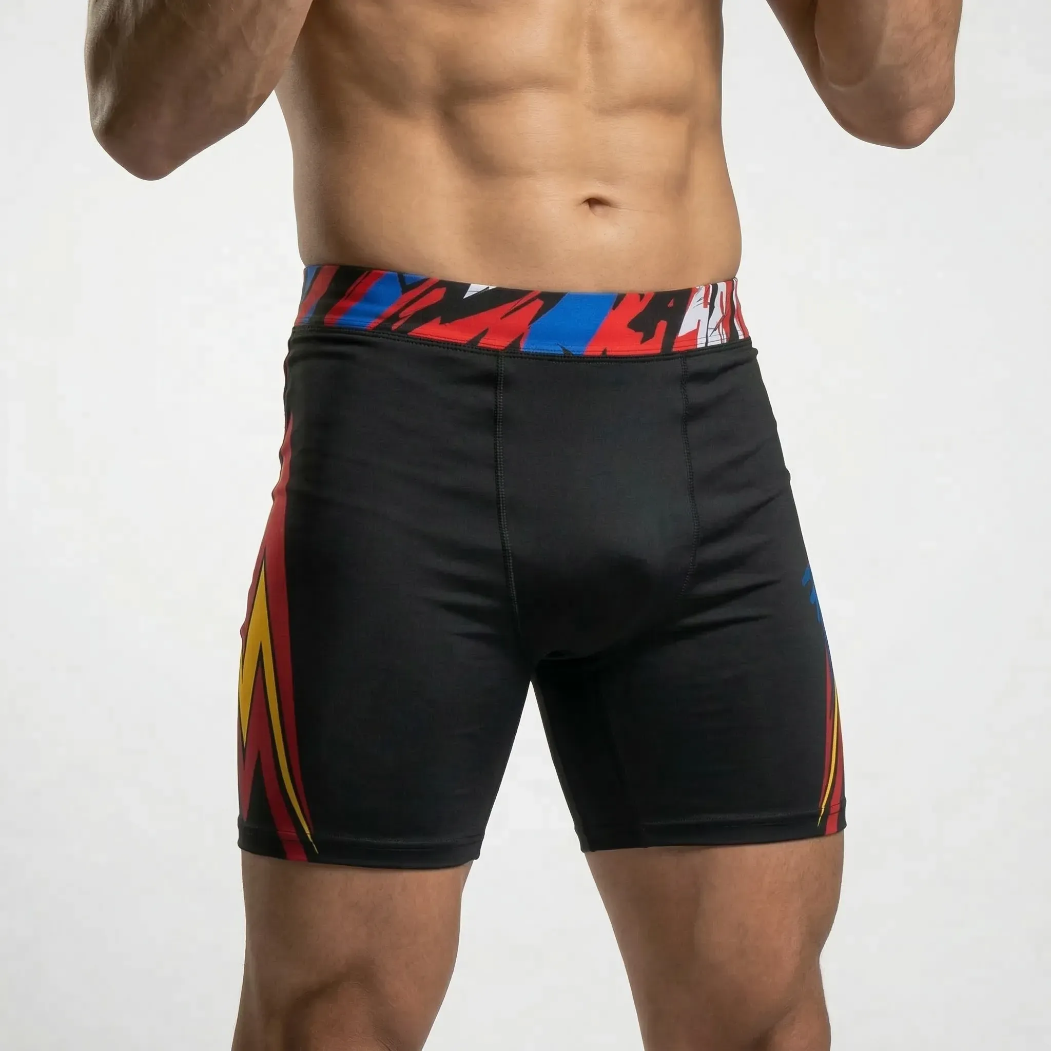 Lightning Bolt Vale Tudo Noam Black & Ruby Red & Yellow Gold Compression Shorts